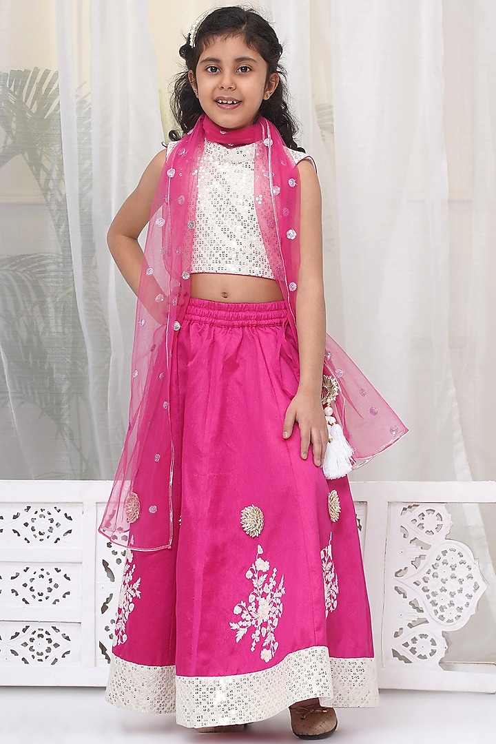 Pink Silk Brocade Sequins Work Lehenga Set For Girls by Little Bansi at Pernia's Pop Up Shop