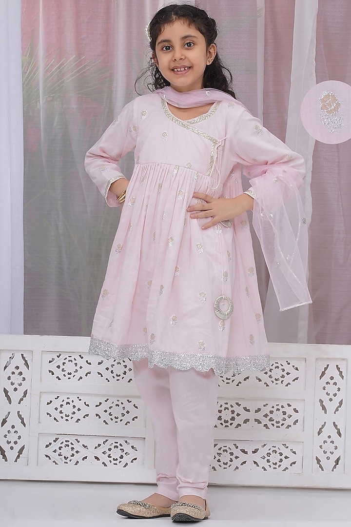 Pink Cotton Floral Zari Work Angrakha Kurta Set For Girls by Little Bansi at Pernia's Pop Up Shop