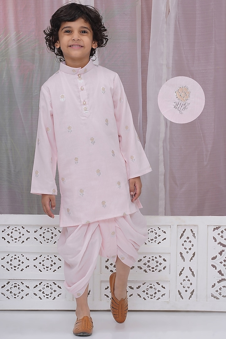 Pink Cotton Dhoti Set For Boys by Little Bansi at Pernia's Pop Up Shop