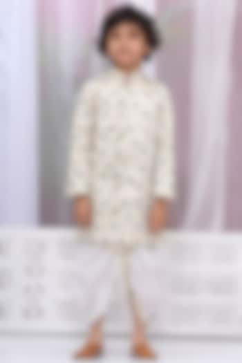 Cream Silk Brocade Floral Embroidered Sherwani Set For Boys by Little Bansi at Pernia's Pop Up Shop