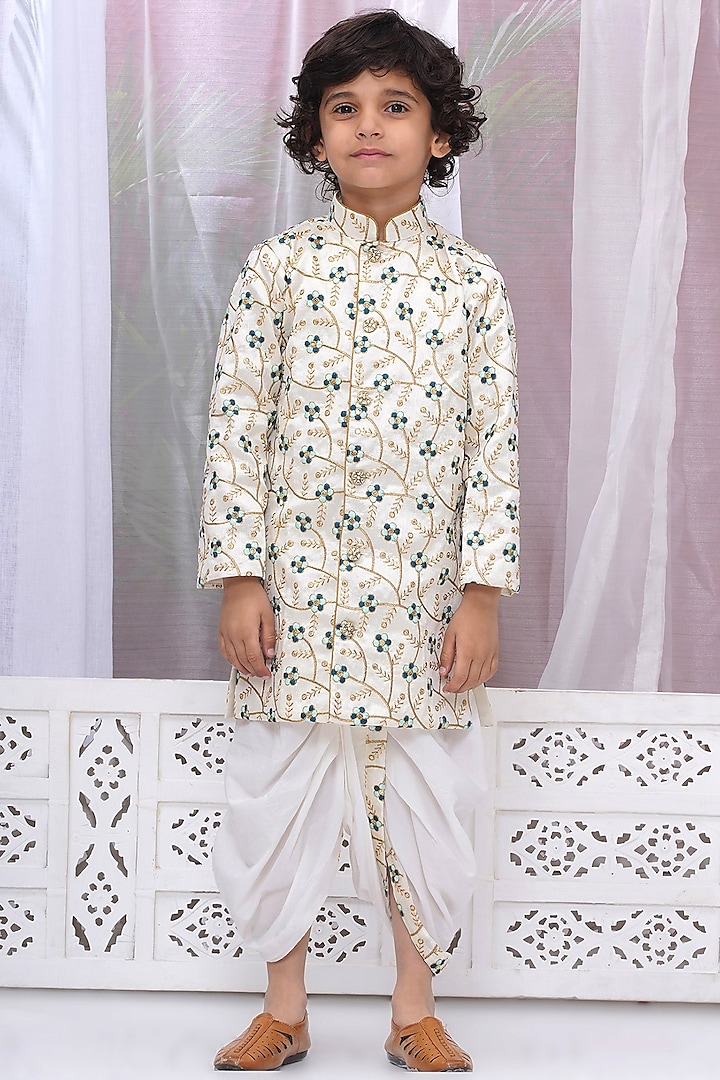 Cream Silk Brocade Floral Embroidered Sherwani Set For Boys by Little Bansi at Pernia's Pop Up Shop