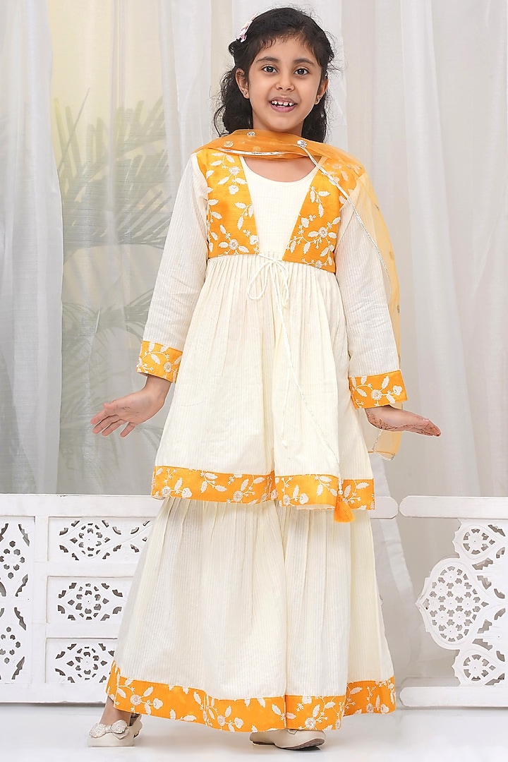 Cream Cotton Floral Thread Embroidered Sharara Set For Girls by Little Bansi at Pernia's Pop Up Shop