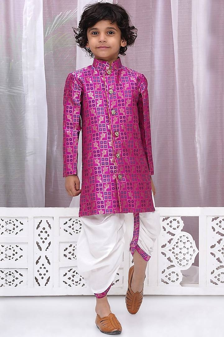 Magenta Silk Brocade Floral Embroidered Sherwani Set For Boys by Little Bansi at Pernia's Pop Up Shop