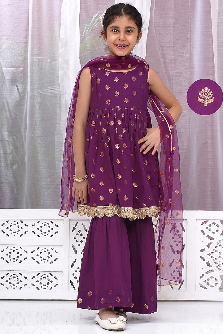 Purple Cotton Floral Zari Work Sharara Set For Girls by Little Bansi at Pernia's Pop Up Shop