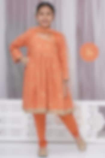 Orange Cotton Zari Work Angrakha Kurta Set For Girls by Little Bansi at Pernia's Pop Up Shop