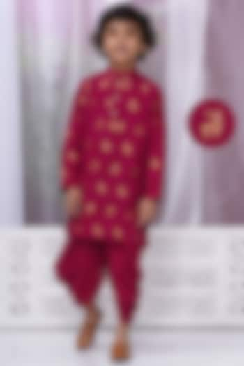 Rose Red Cotton Dhoti Set For Boys by Little Bansi