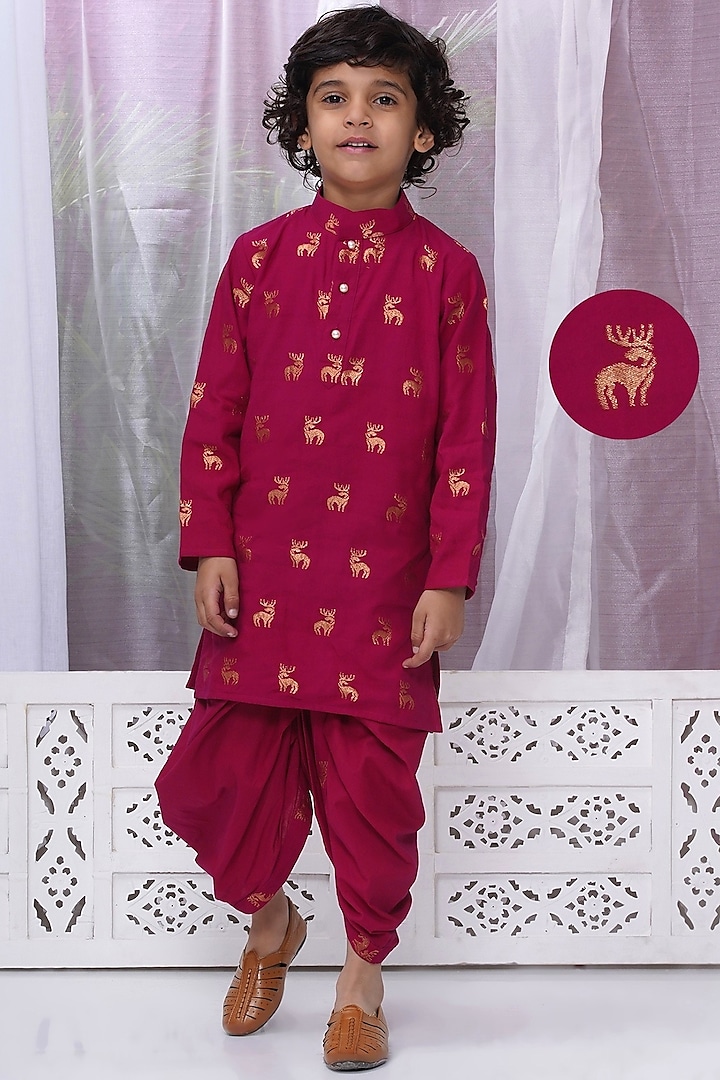 Rose Red Cotton Dhoti Set For Boys by Little Bansi