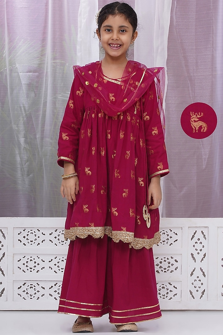 Red Cotton Zari Work Angrakha Kurta Set For Girls by Little Bansi at Pernia's Pop Up Shop