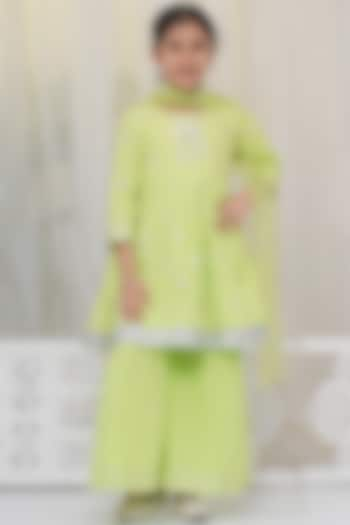 Green Cotton Zari Work Kurta Set For Girls by Little Bansi at Pernia's Pop Up Shop