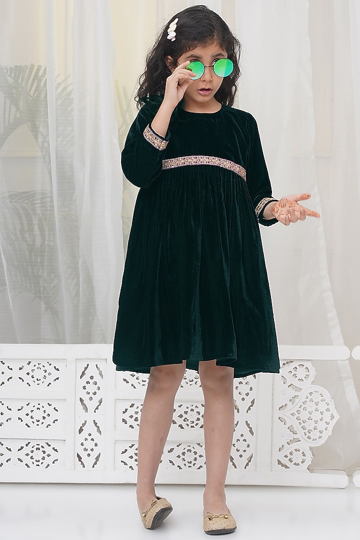 Green Velvet Lace Work Dress For Girls by Little Bansi at Pernia's Pop Up Shop