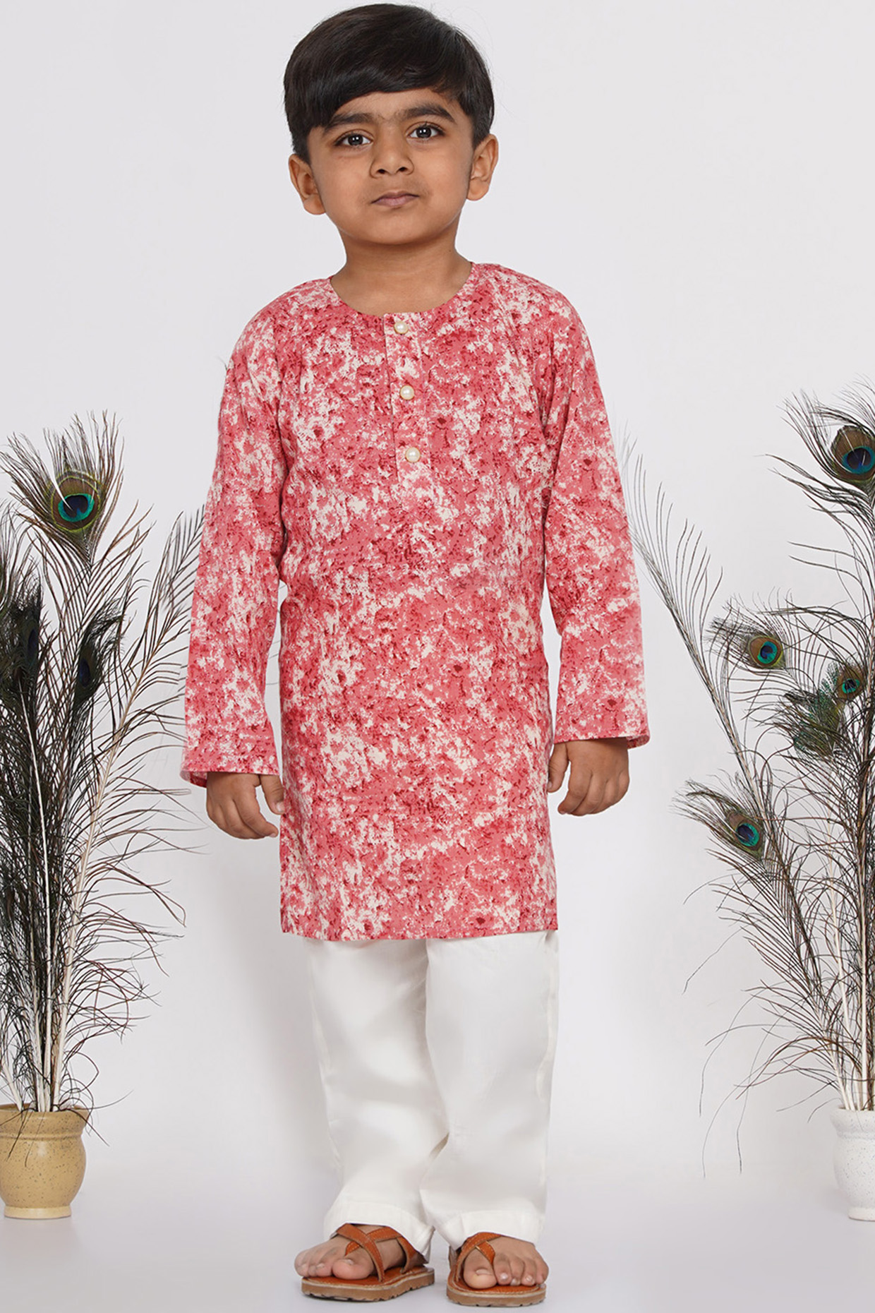 Light Red & Cream Printed Kurta Set For Boys by Little Bansi at Pernia's Pop Up Shop
