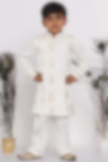 Cream Embroidered Sherwani Set For Boys by Little Bansi