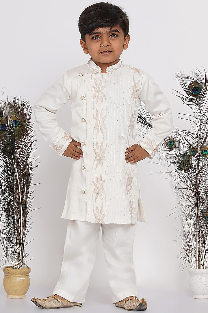 Cream Embroidered Sherwani Set For Boys by Little Bansi
