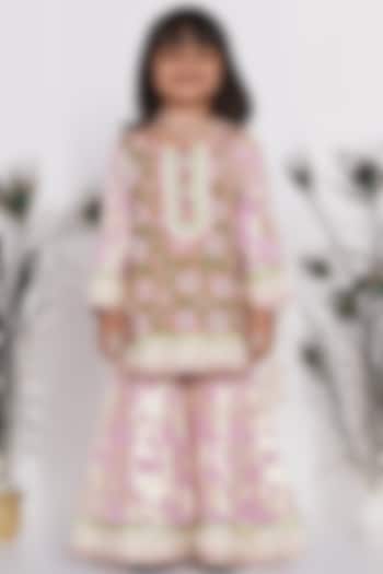 Blush Pink Embroidered Flared Sharara Set For Girls by Little Bansi