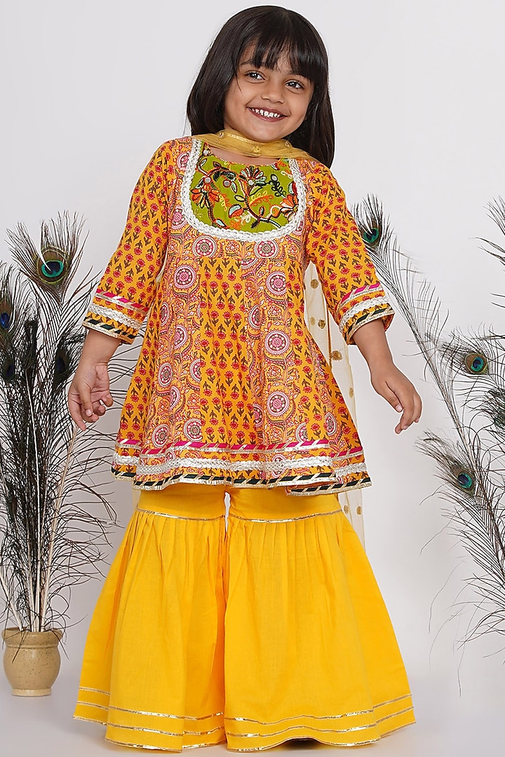 Citrus Yellow Cotton Sharara Set  For Girls by Little Bansi at Pernia's Pop Up Shop