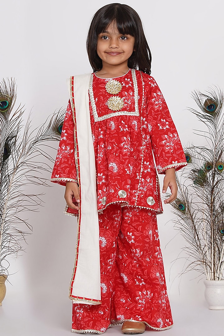 Cadmium Red Hand Embroidered Frock Kurta Set For Girls by Little Bansi