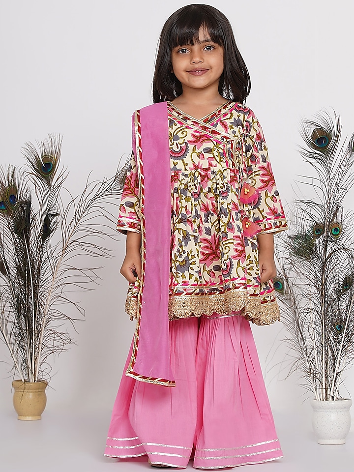 Blush Pink Cotton Sharara Set For Girls by Little Bansi