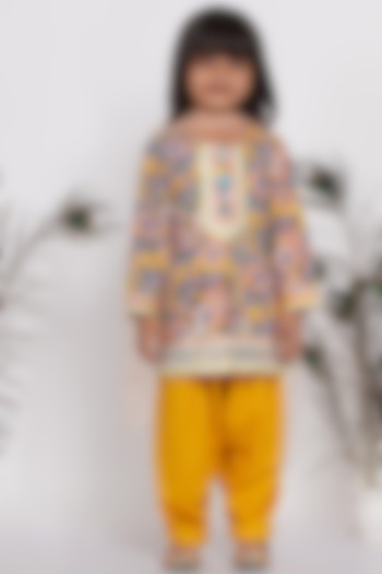 Citrus Yellow Embroidered Kurta Set For Girls by Little Bansi