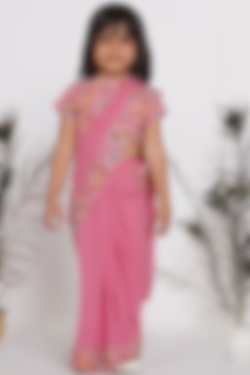 Blush Pink Printed Saree Set For Girls by Little Bansi at Pernia's Pop Up Shop