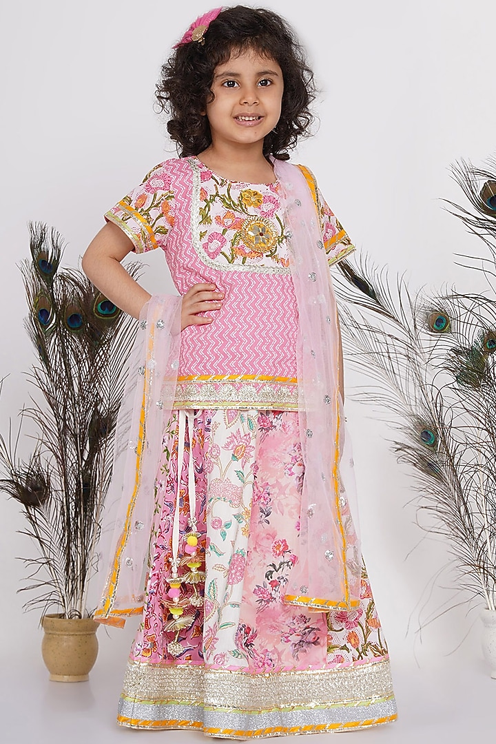 Blush Pink Printed Lehenga Set For Girls by Little Bansi at Pernia's Pop Up Shop
