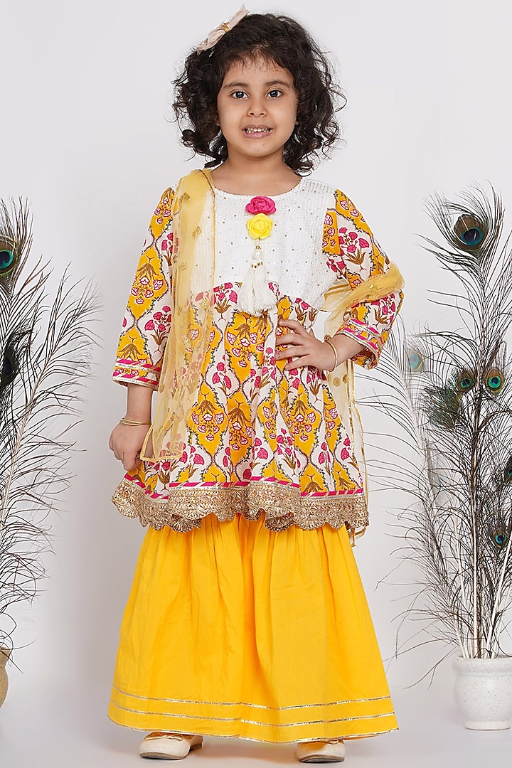 Dandelion Yellow Cotton Sharara Set For Girls by Little Bansi