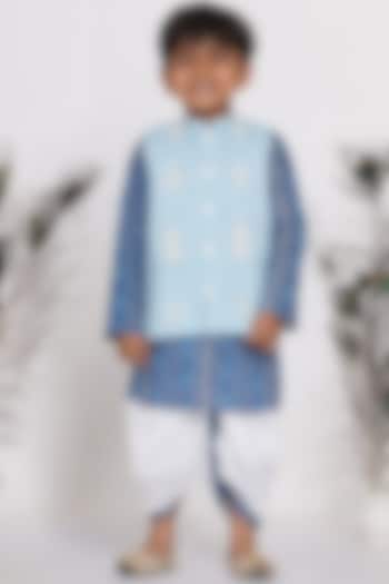 Light Blue Printed Nehru Jacket With Kurta Set by Little Bansi