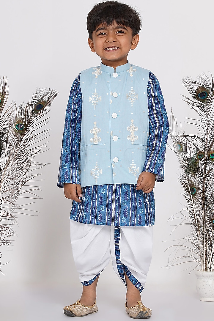 Light Blue Printed Nehru Jacket With Kurta Set by Little Bansi