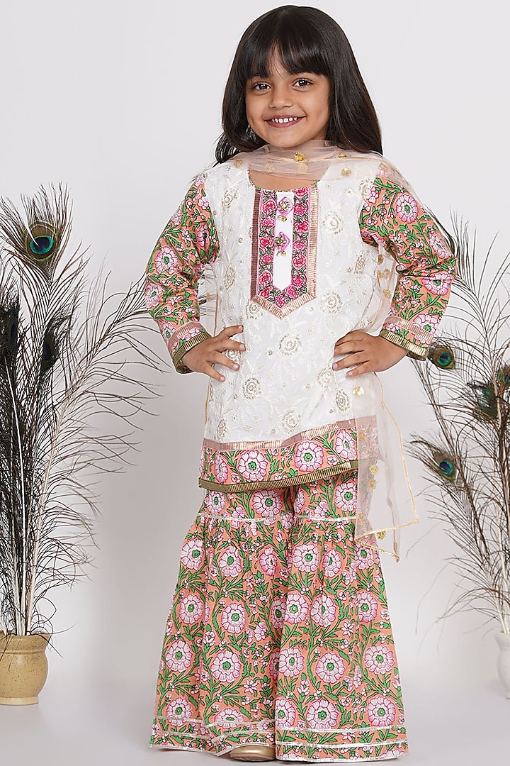 Green Floral Printed Sharara Set For Girls by Little Bansi
