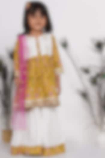 White & Yellow Floral Printed Sharara Set For Girls by Little Bansi