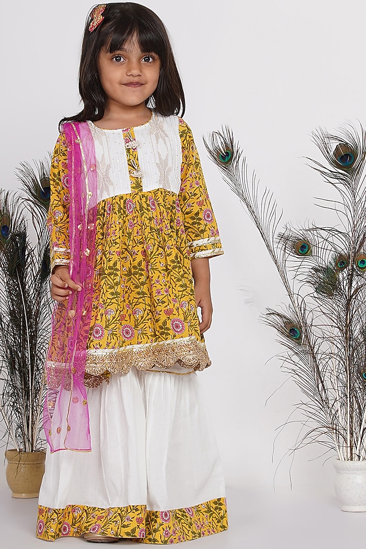 White & Yellow Floral Printed Sharara Set For Girls by Little Bansi
