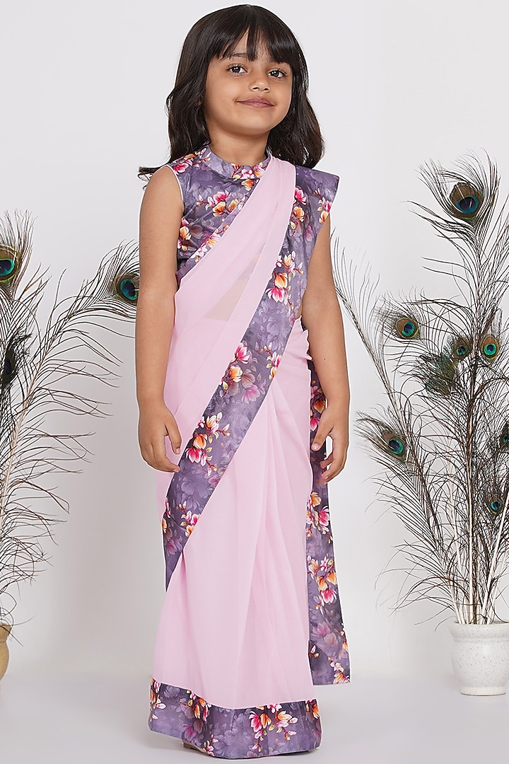 Lavender Floral Printed Saree Set by Little Bansi
