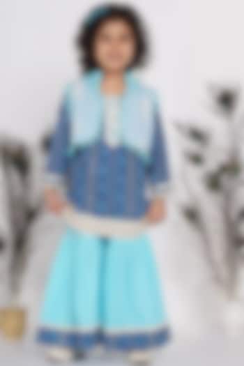 Sky Blue Printed Jacket Set For Girls by Little Bansi
