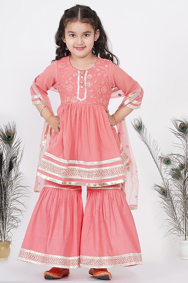 Coral Pink Embroidered Sharara Set For Girls by Little Bansi