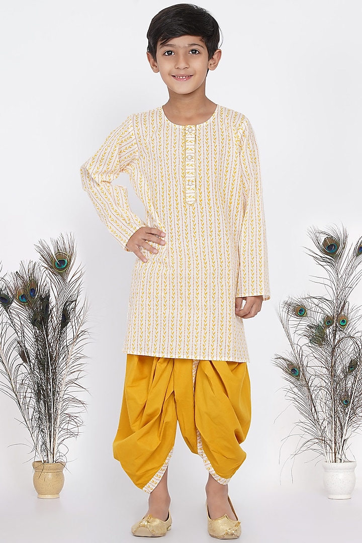 Cream Cotton Printed Kurta Set For Boys by Little Bansi