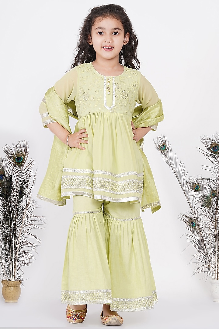 Classic Green Embroidered Kurta Set For Girls by Little Bansi