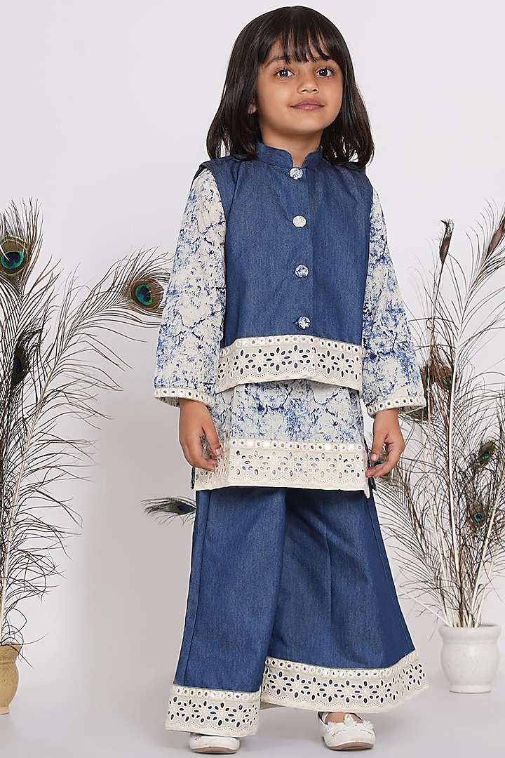 Blue Cotton Kurta Set With Bundi Jacket For Girls by Little Bansi