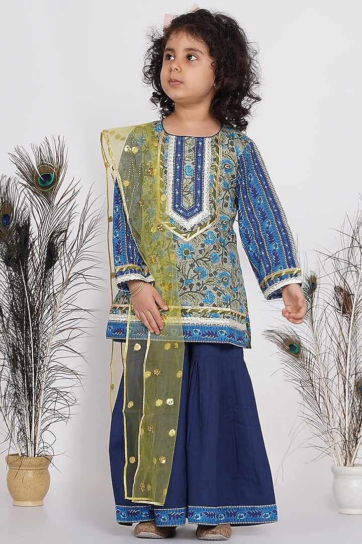 Indigo Blue Cotton Sharara Set For Girls by Little Bansi