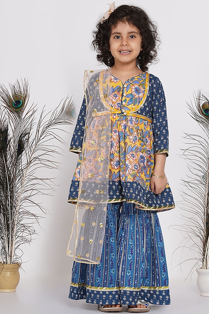Indigo Blue Cotton Sharara Set For Girls by Little Bansi