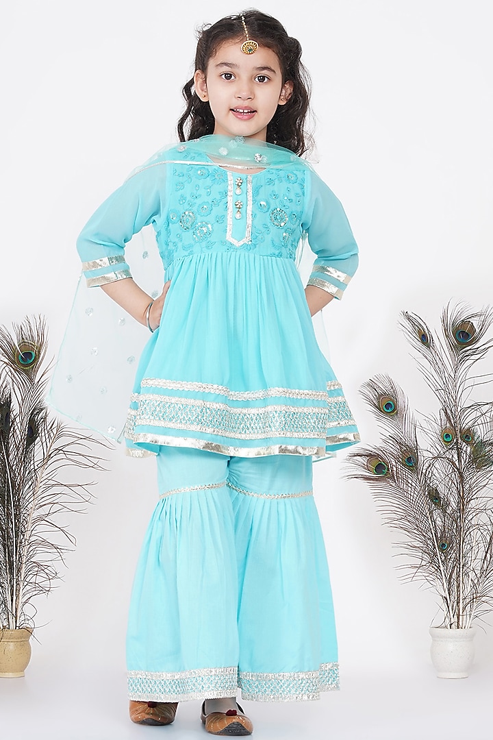 Sky Blue Cotton Sharara Set For Girls by Little Bansi