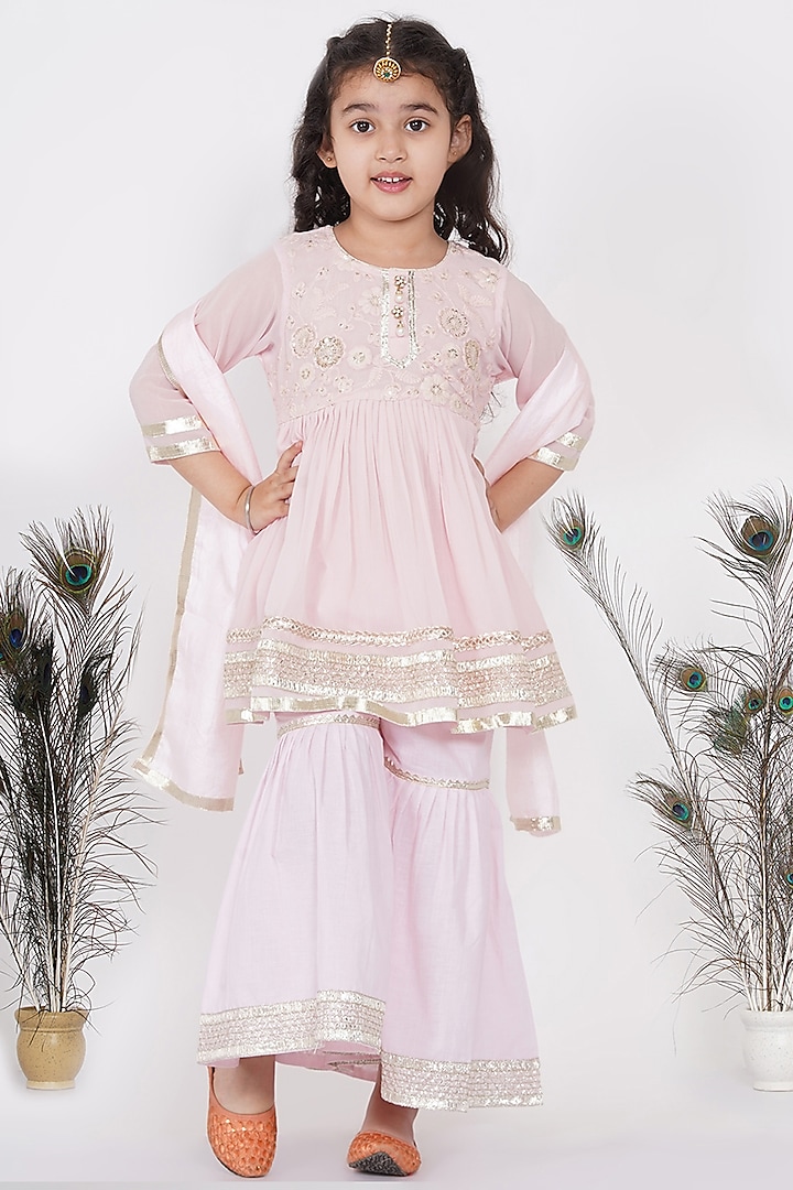 Baby Pink Cotton Sharara Set For Girls by Little Bansi
