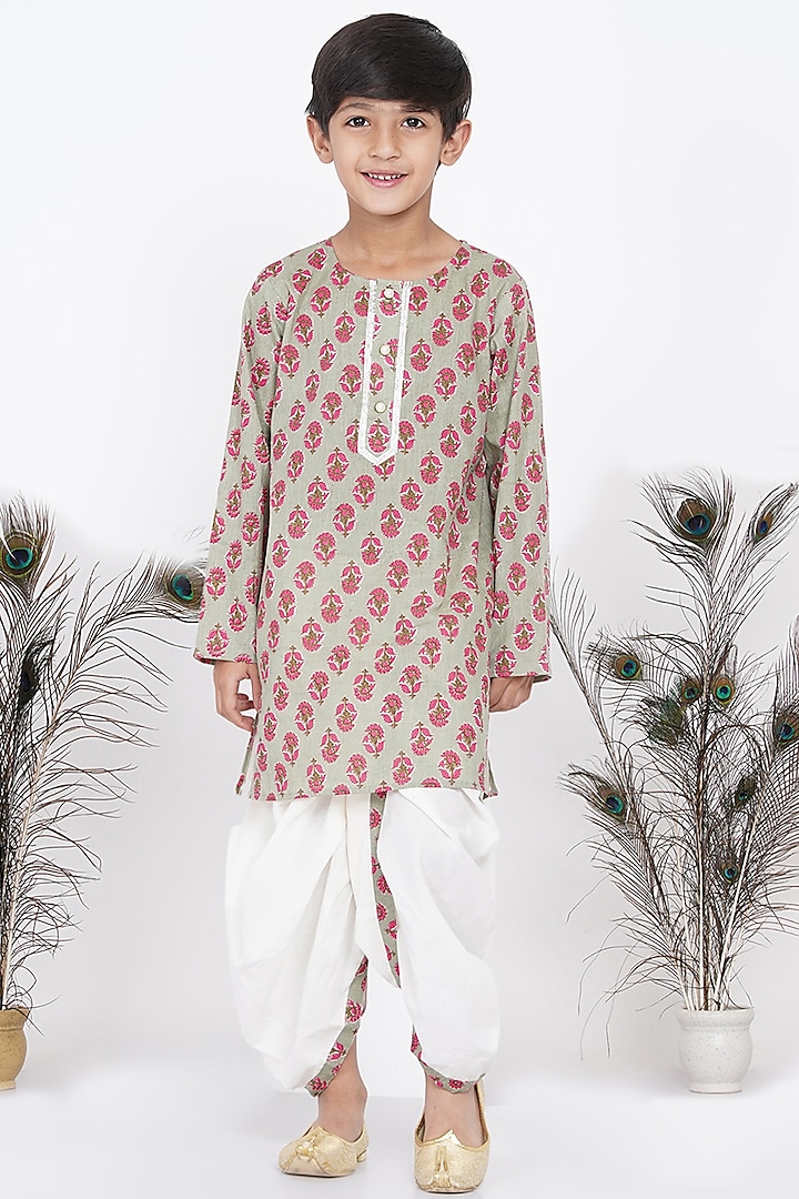 Green Printed Kurta Set For Boys by Little Bansi