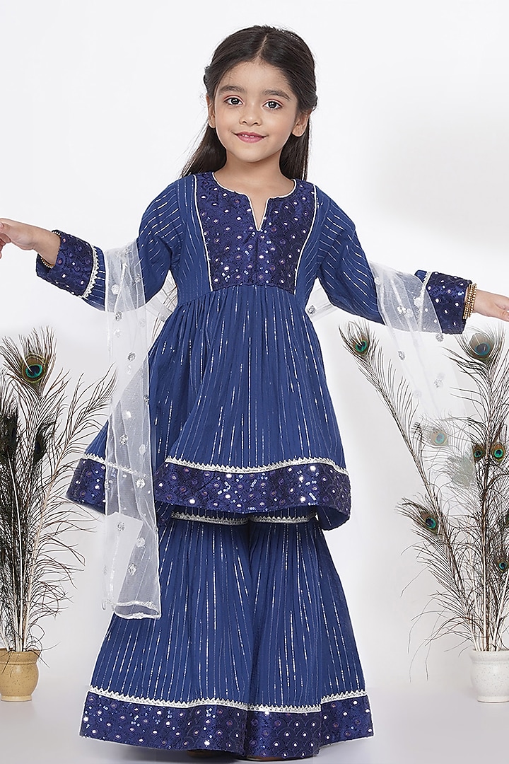 Blue Embroidered Sharara Set For Girls by Little Bansi