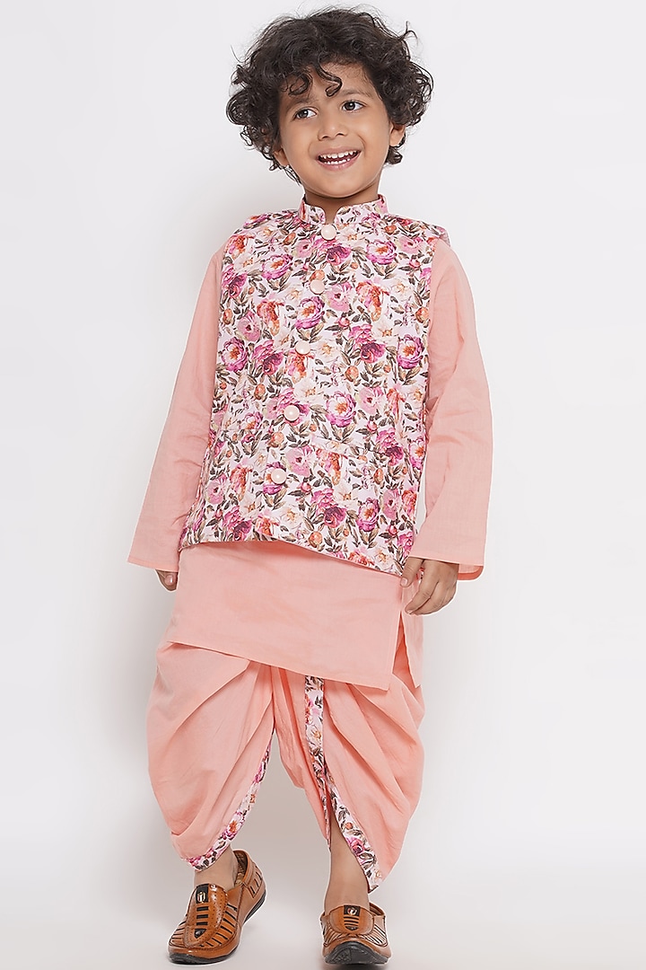 Peach Cotton Floral Printed Nehru Jacket Set For Boys by Little Bansi