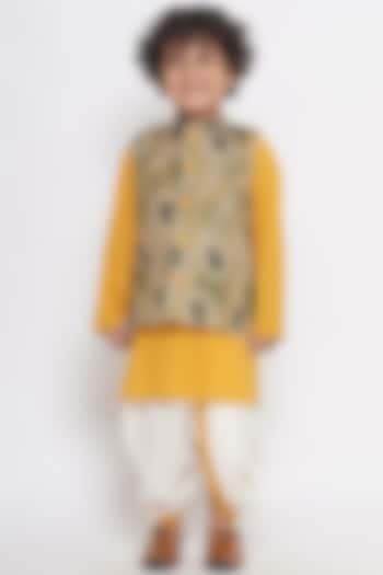 Golden Cotton Printed Nehru Jacket Set For Boys by Little Bansi