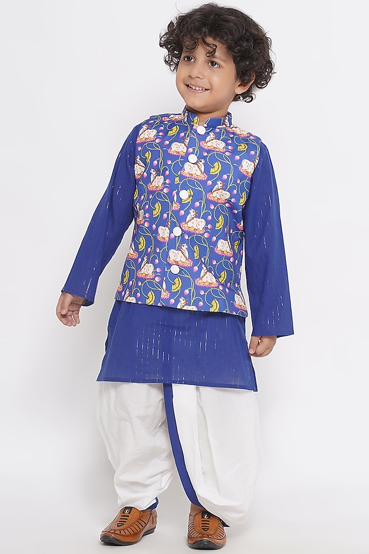 Blue Cotton Printed Nehru Jacket Set For Boys by Little Bansi