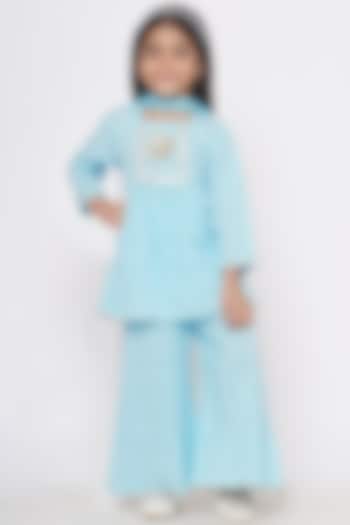 Blue Cotton Embroidered Chikankari Kurta Set For Girls by Little Bansi