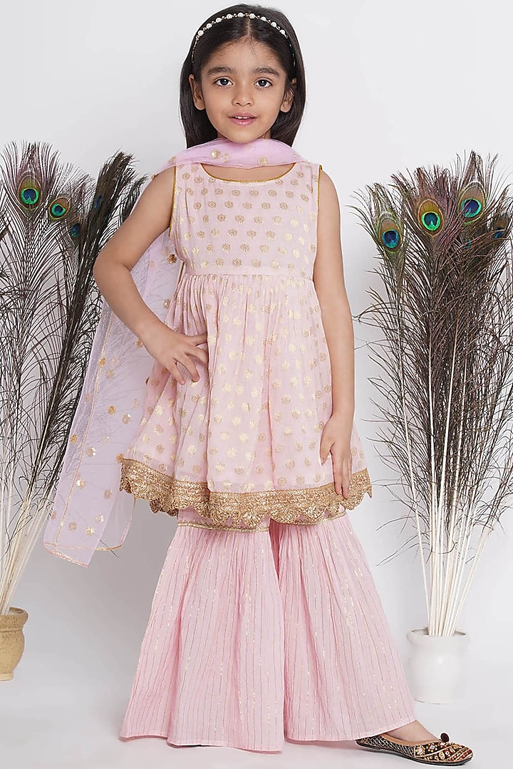 Pink Cotton Viscose Linen Striped Sharara Set For Girls by Little Bansi