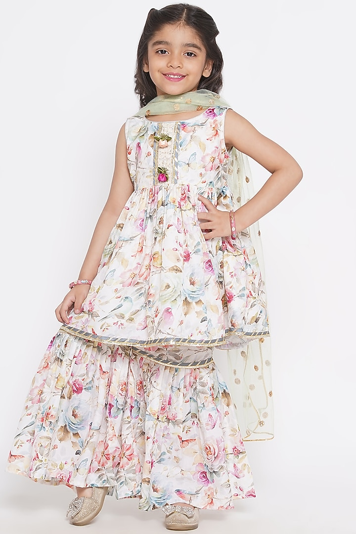 Cream Silk Printed Sharara Set For Girls by Little Bansi at Pernia's Pop Up Shop