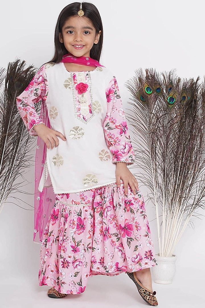 White & Pink Cotton Silk Floral Sharara Set For Girls by Little Bansi