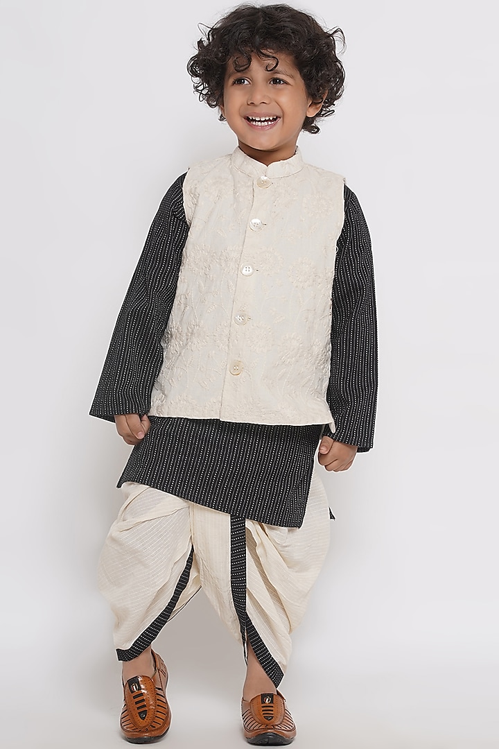 Cream Cotton Embroidered Nehru Jacket Set For Boys by Little Bansi